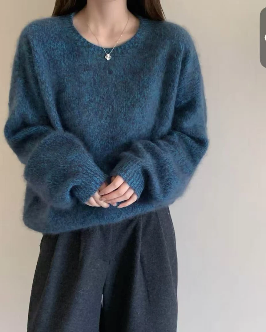 花纱拉毛韩系圆领秋冬针织衫宽松慵懒风软糯亲肤百搭简约毛衣