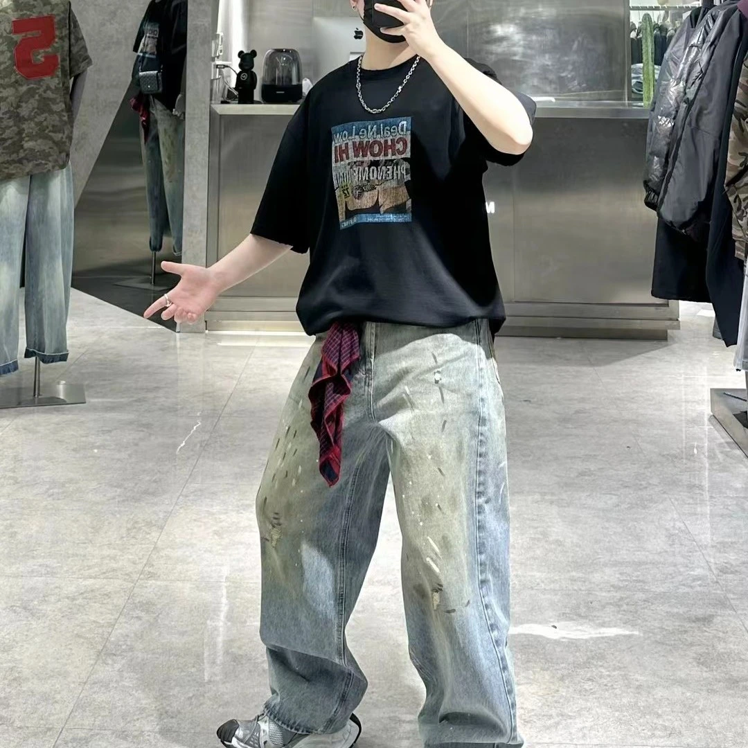 【红格子】漆点涂鸦复古牛仔裤男士潮牌痞帅美式高街做旧直筒裤子