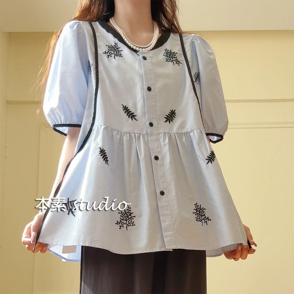 乘风Y2786条纹刺绣飘带全开扣圆领短袖衬衫