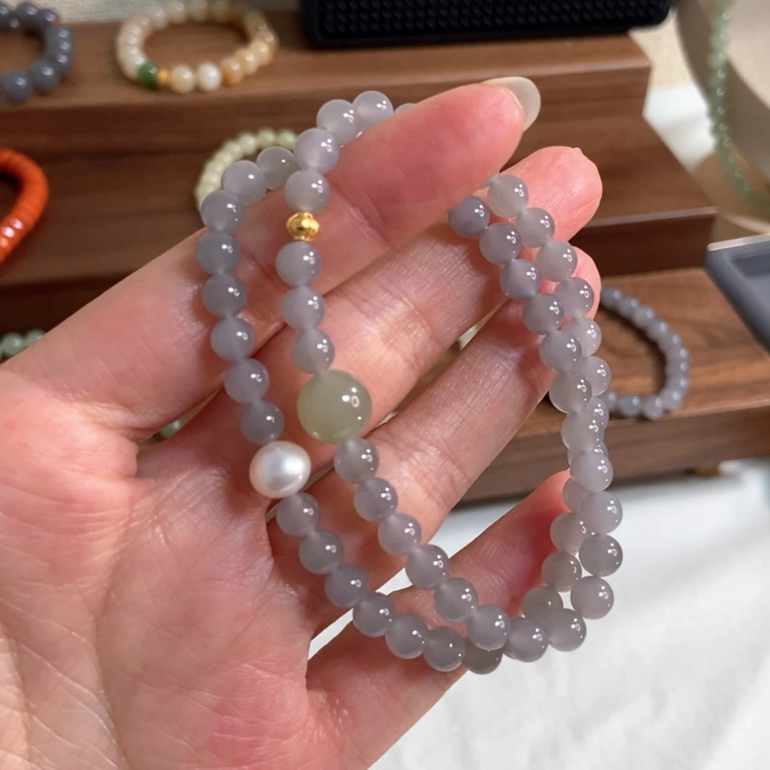 和田玉手链银S925镶嵌6mm冰紫双圈