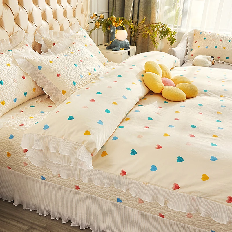 水星高端系列家纺全棉床盖款四件套韩式公主风花边被套床H单纯棉