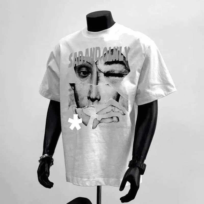 美式高街个性撕裂人脸印花260克重磅纯棉短袖T恤男宽松百搭夏季款