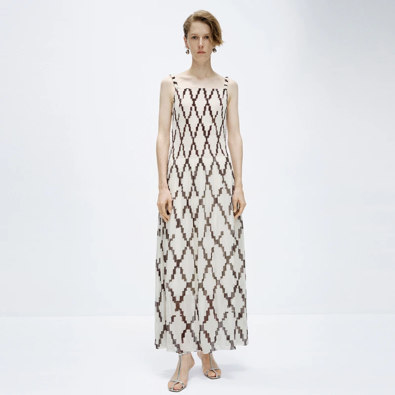 edition春新款吊带裙女复古菱格压褶气质连衣裙#EBD1DRSK06