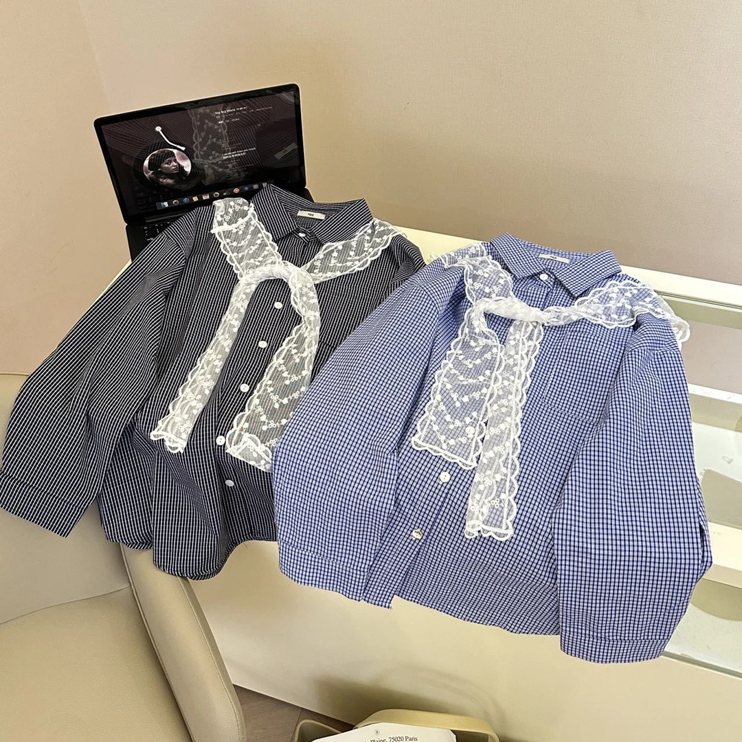 25新款设计感复古格条衬衣衬衫春秋长袖洋气9630