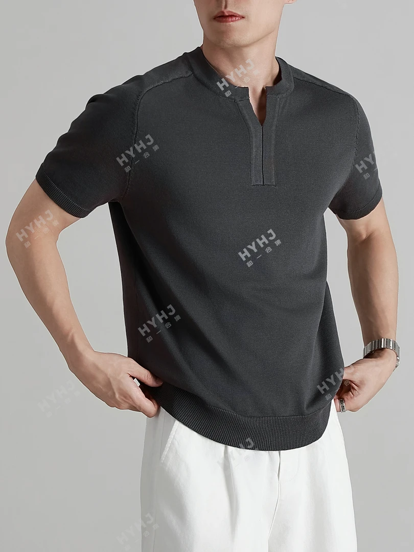 和一合集夏季新款老钱风针织亨利领T恤百搭商务休闲纯色圆领短袖