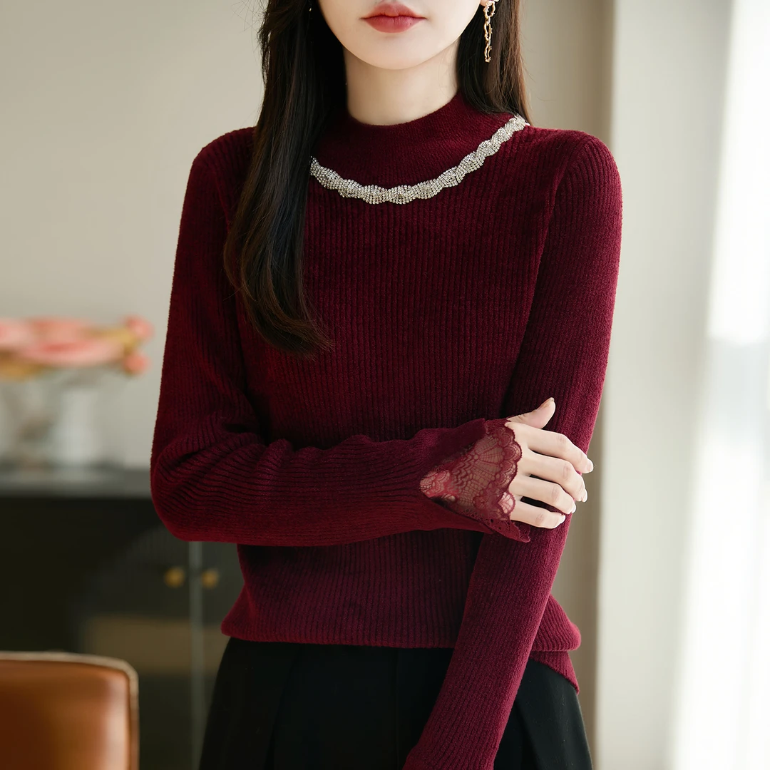 时尚品牌女装秋冬新款法式精纺针织衫蕾丝修身毛衣保暖内搭打底衫