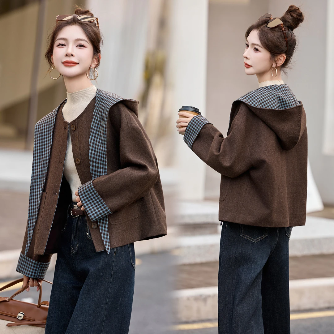 时尚连帽毛呢外套女2025春秋新款格子撞色宽松休闲高级感短款上衣