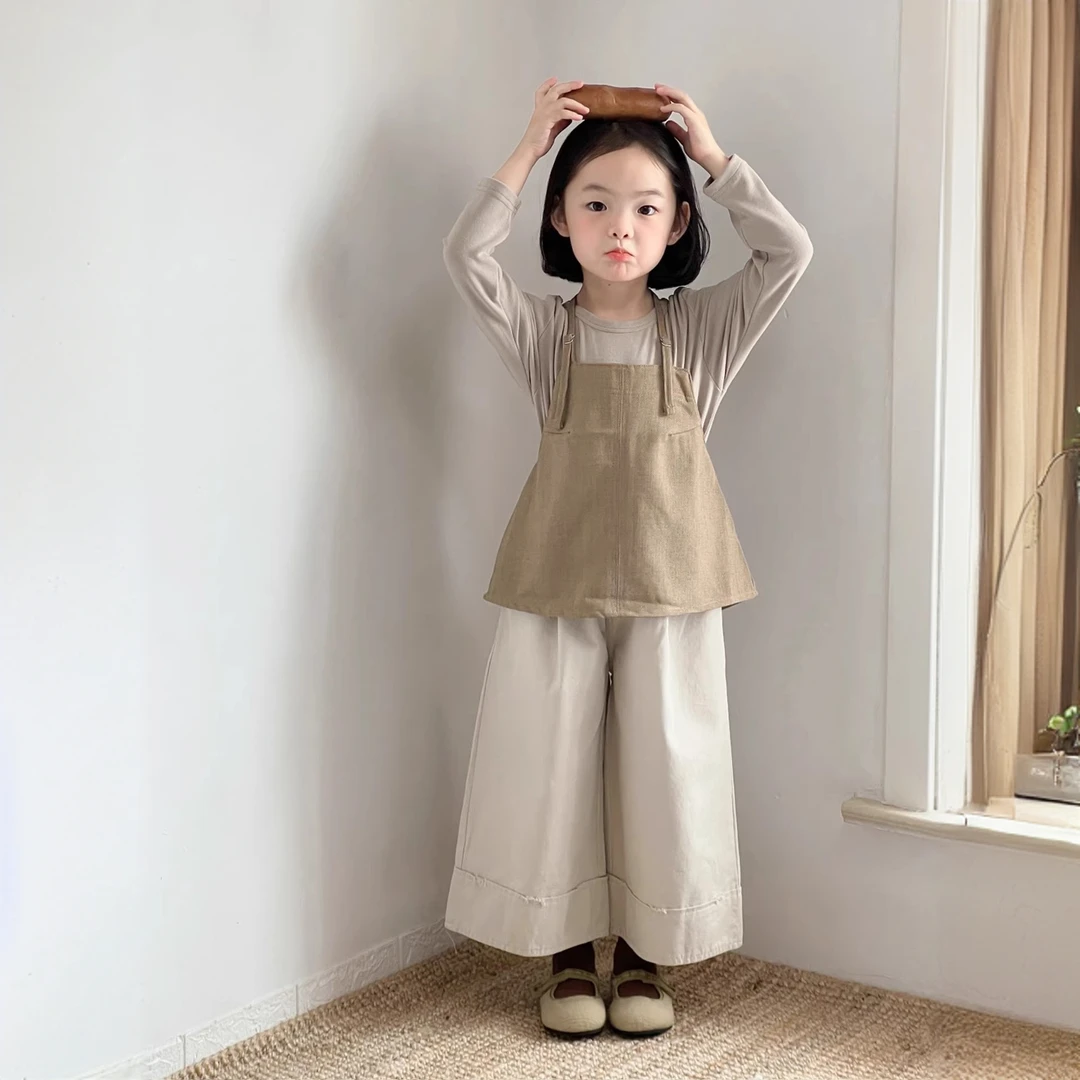 早秋季女童新款百搭洋气时髦长袖打底吊带休闲阔腿裤韩版简约套装