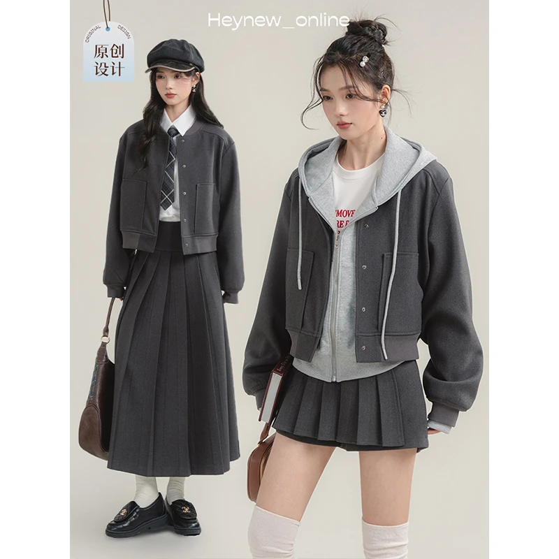 【现货！是呢子！】黑妞设计原创盐系学院风气质雾茶灰套装4Q357