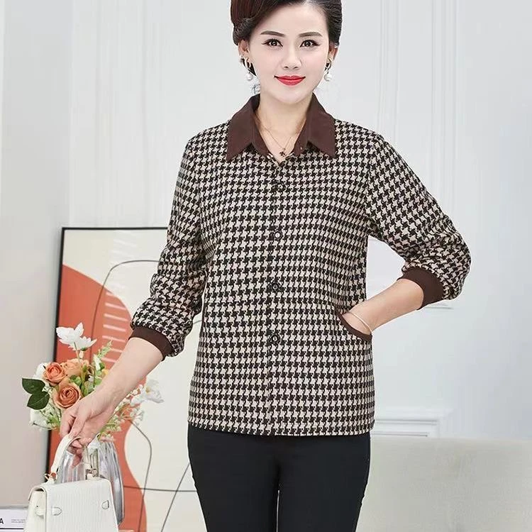 2025新款时尚洋气妈妈装外套翻领大码休闲格子中老年春秋长袖上衣