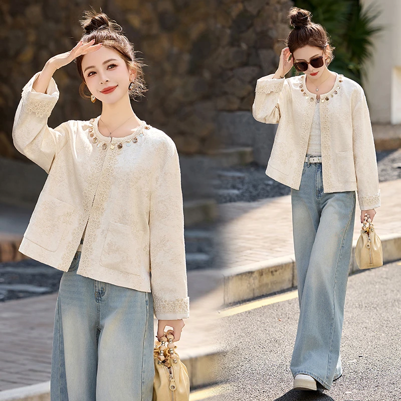 小个子新中式国风复古气质洋气减龄蕾丝拼接短款外套2025春装新款