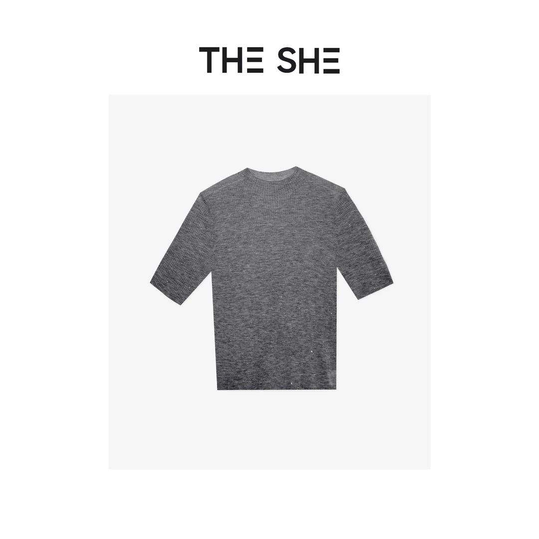 【LI·LI】炊烟灰亮片针织上衣 简约时尚百搭设计师款上衣