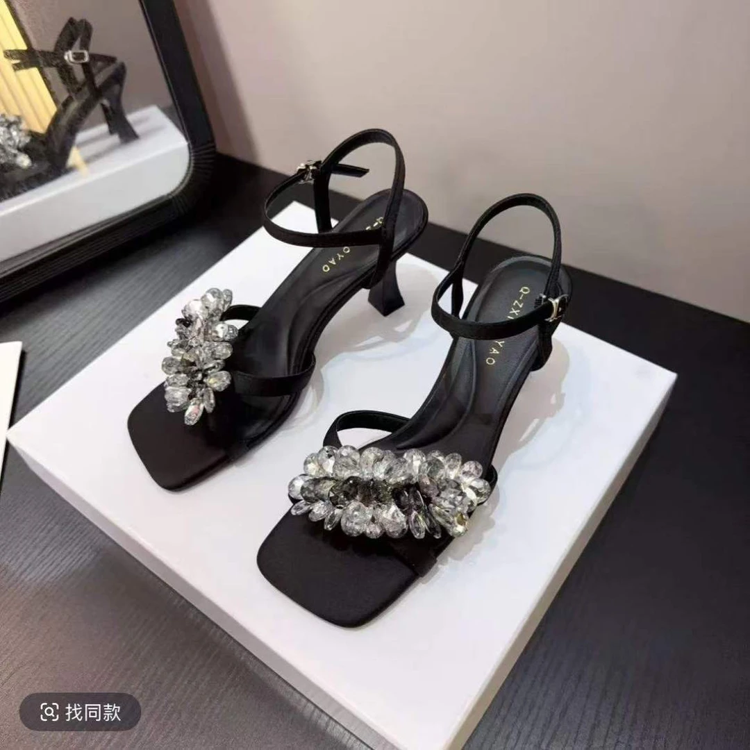 水钻方头细跟高跟露趾一字带凉鞋气质尖头中跟6厘米仙女风配裙子