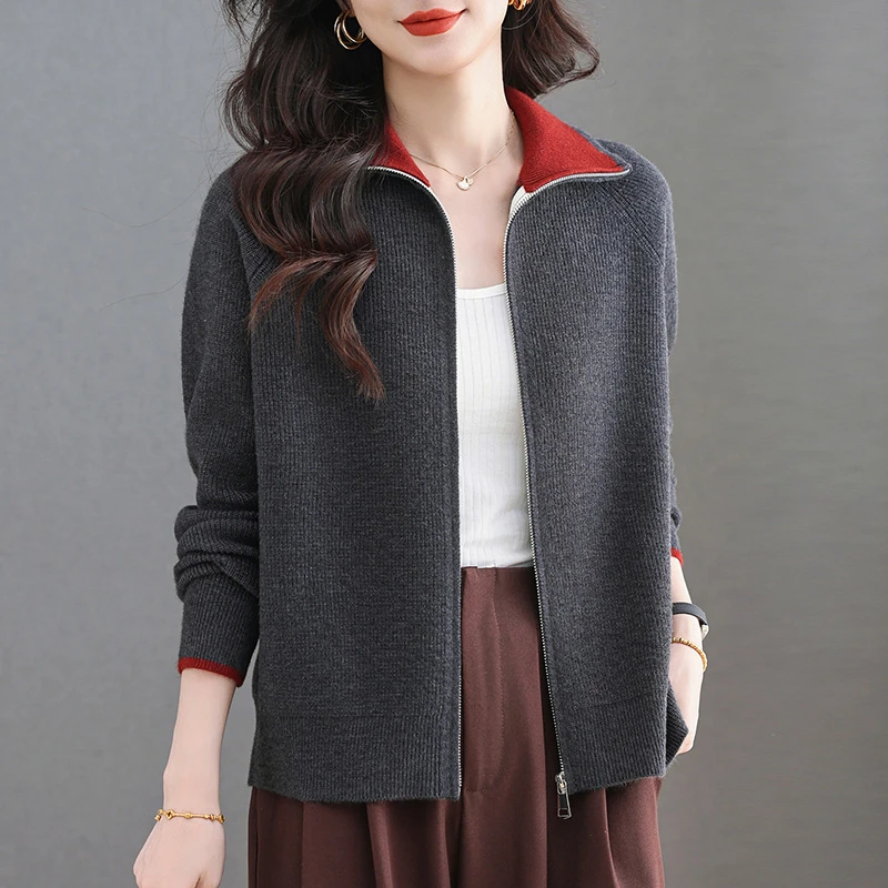 拉链针织开衫毛衣外套女士春秋2025新款中年妈妈外搭上衣翻领气质