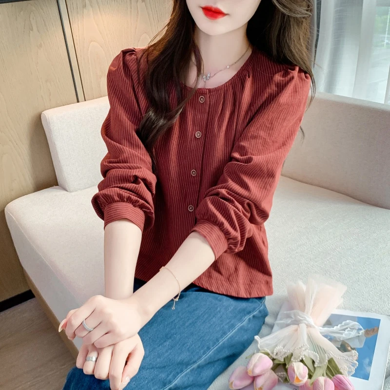 秋季女装新款时尚圆领长袖条纹衬衫女小个子短款气质显瘦短款上衣