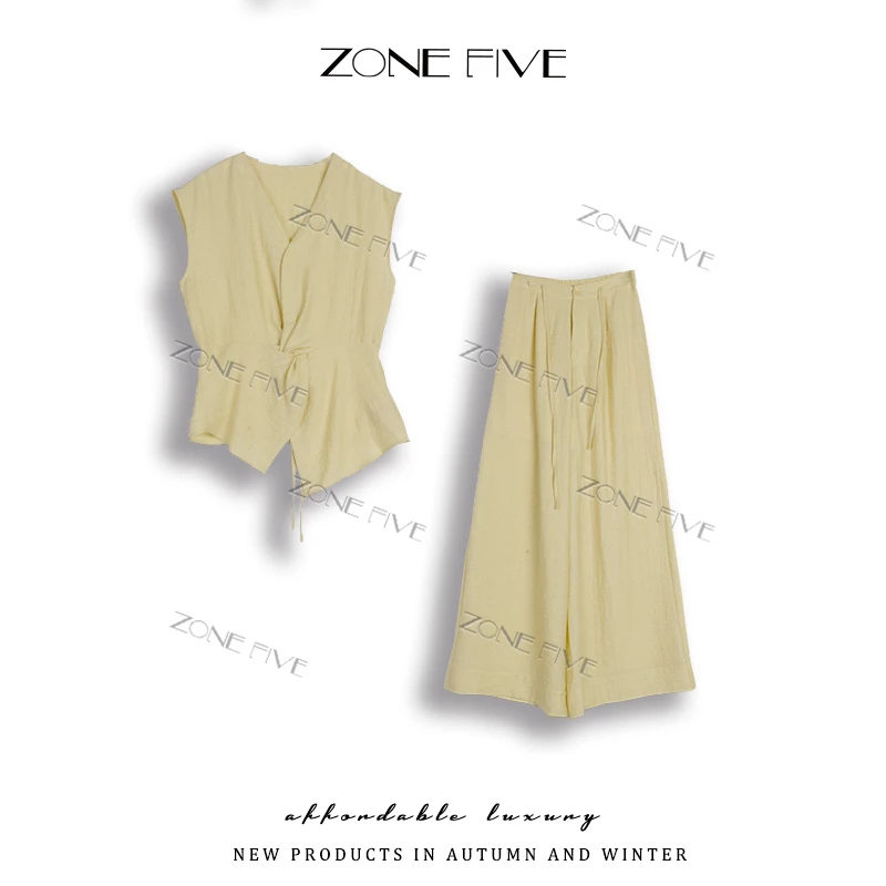 【zonefive】慵懒风V领夏季气质长款长裤修身常规法式67