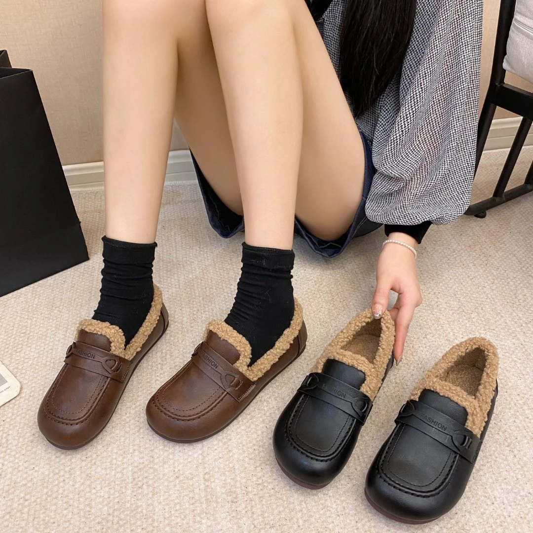 2025秋冬加厚棉鞋豆豆鞋妈妈鞋羊羔毛加绒百搭软底防滑保暖复古