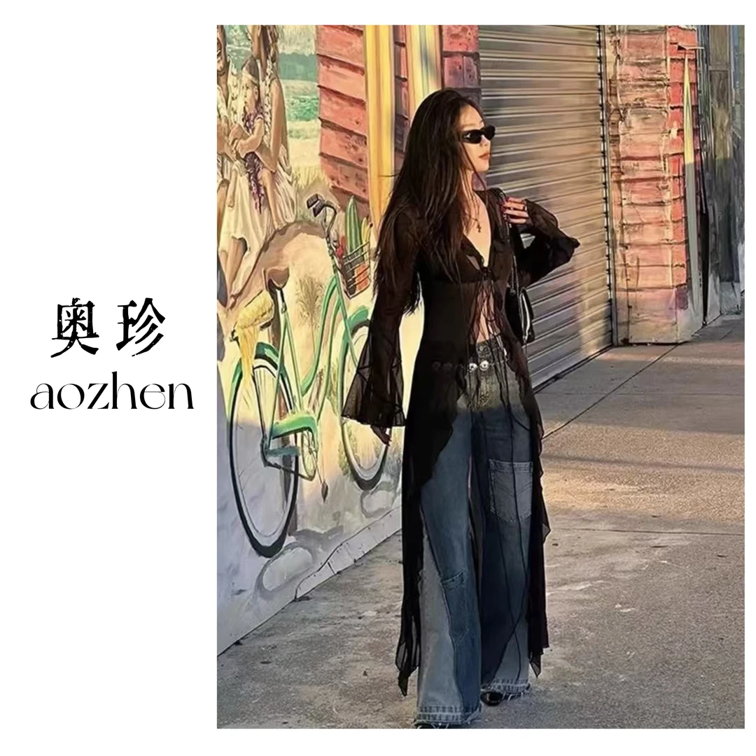 【池中意】博主同款性感镂空系带喇叭长袖防晒上衣长款开衫