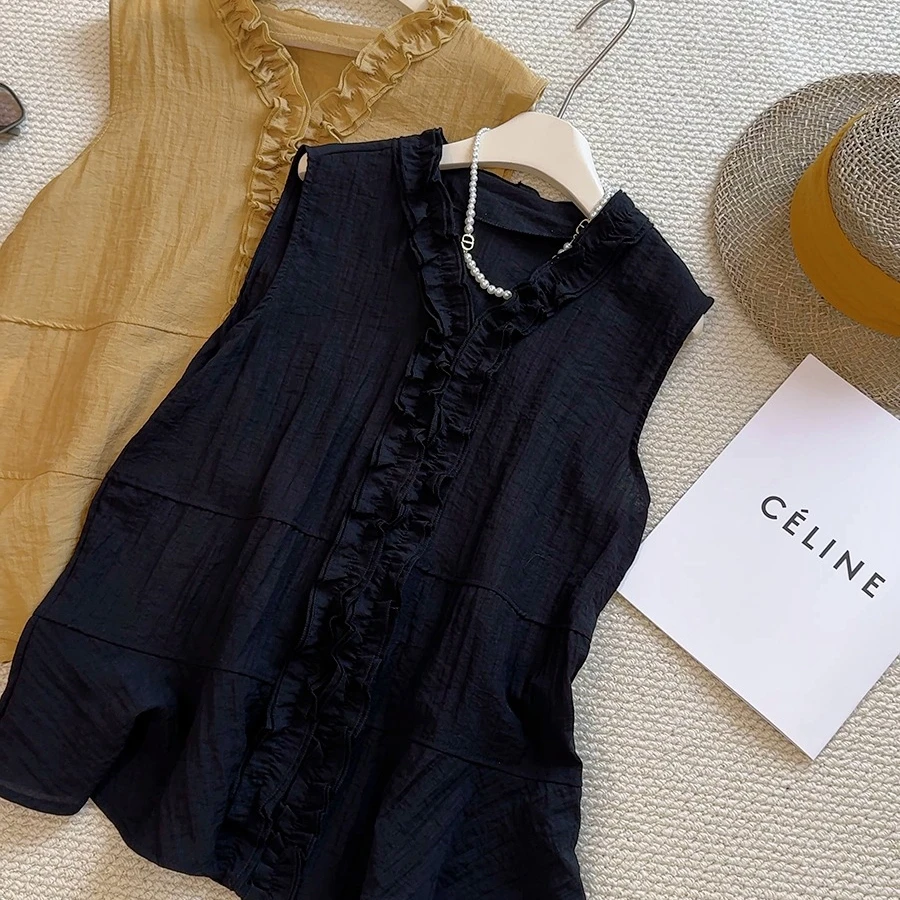 韩系木耳花边无袖衬衫女夏季款减龄小衫高级感V领背心上衣文艺