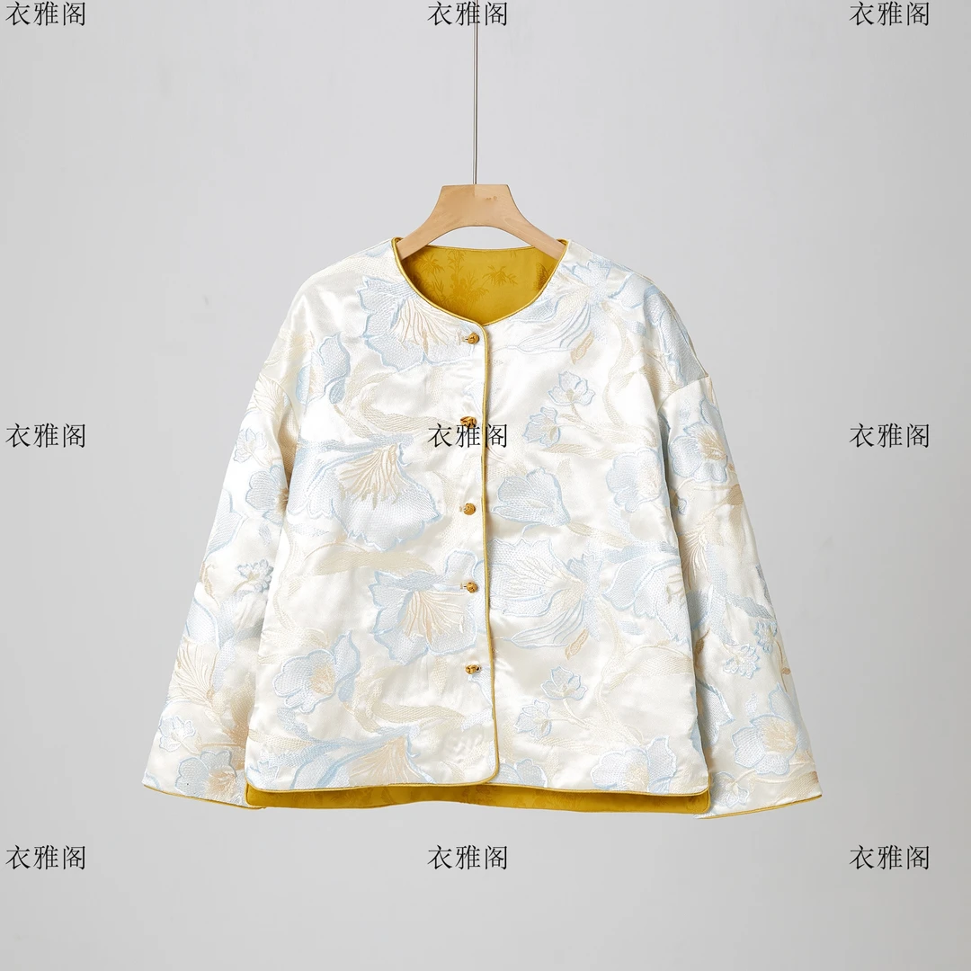 [朱颜]春款圆领复古中式绣花重工中国风双面时尚民族风