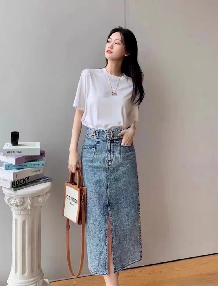 春夏新气质腰带前开叉牛仔半身裙女5200328