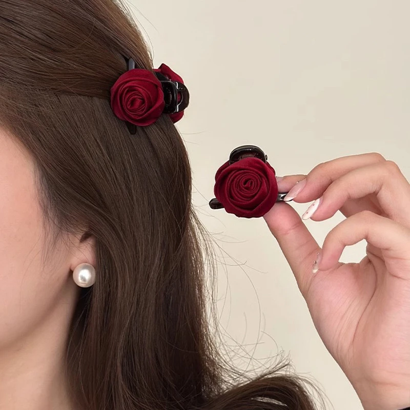 新年红色玫瑰花朵抓夹小号女侧边刘海夹后脑勺发卡半扎发夹发饰品