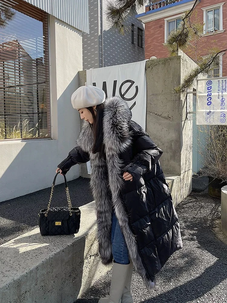 2025新款冬季鹅绒服外套女狐狸毛长款翻领宽松气质保暖 ERF-2107