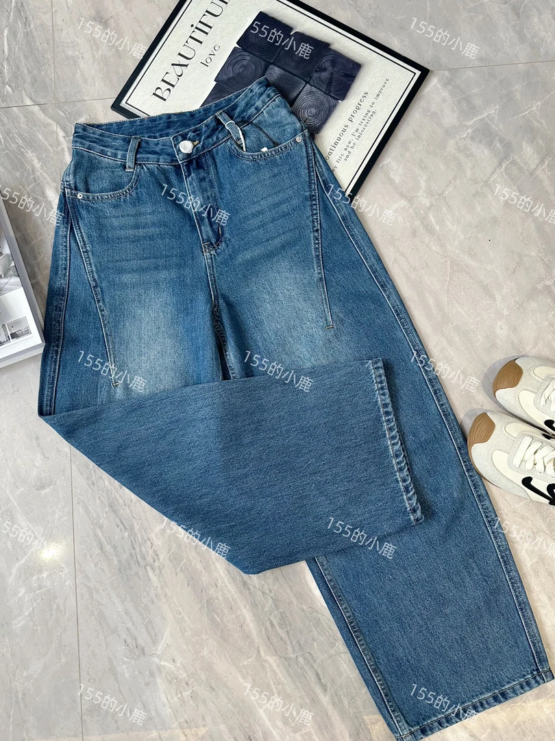 秋新款复古蓝窄版弯刀裤宽松显腿长小个子时尚高腰