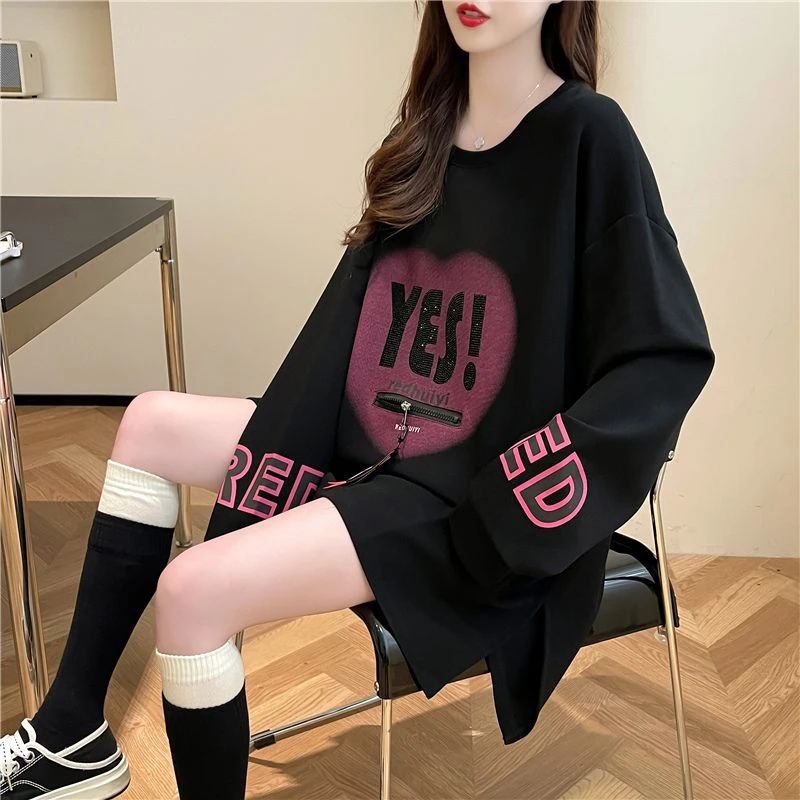 华棉复丝310克】特大码300斤后包领印花口袋烫钻女宽松长袖时尚