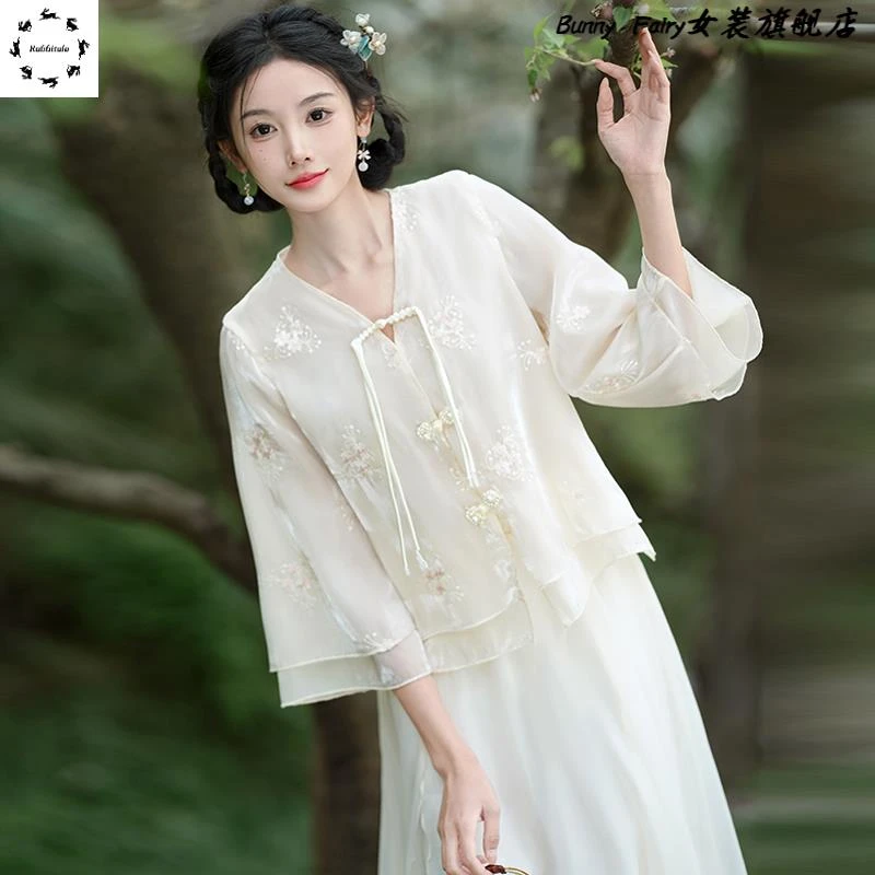 国风刺绣上衣汉服改良新中式女装夏季盘扣衬衫禅意茶服茶艺师服装