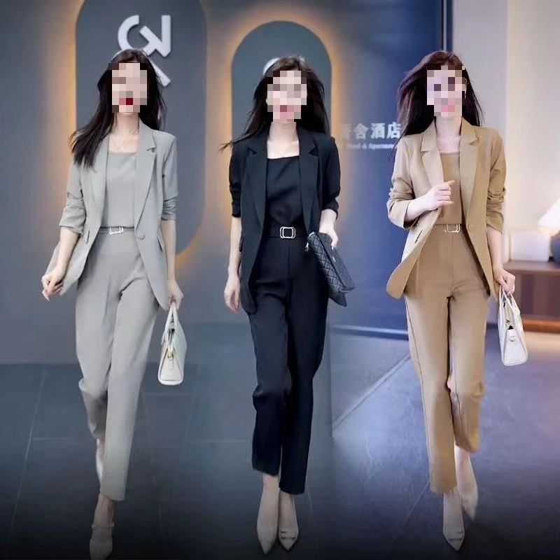 2025春秋季新款修身时尚气质轻奢休闲西装三件套短袖短裤套装女