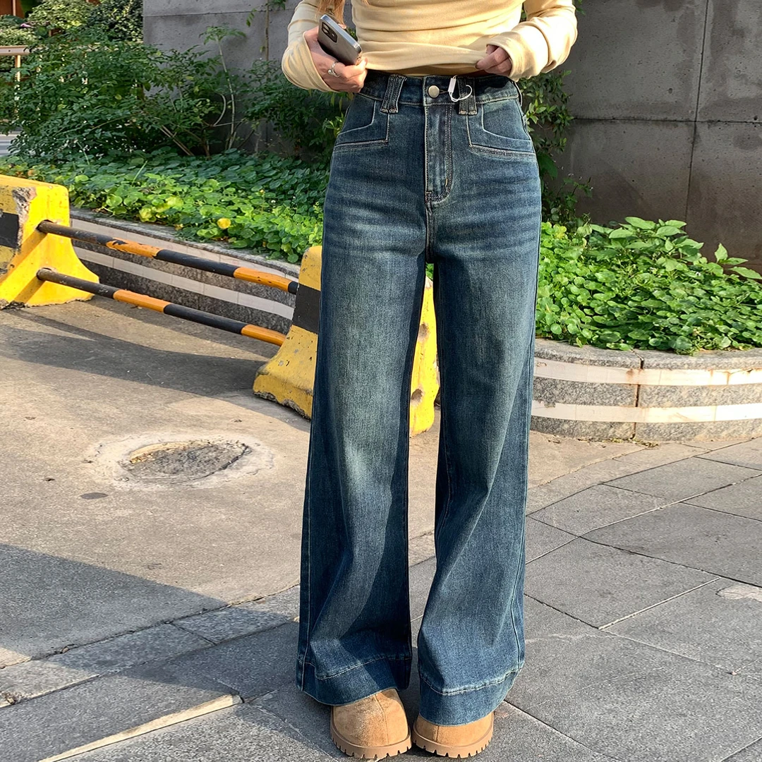 早春森女系阔腿牛仔裤腰百搭复古宽松潮流水洗休闲拖地外穿美式裤