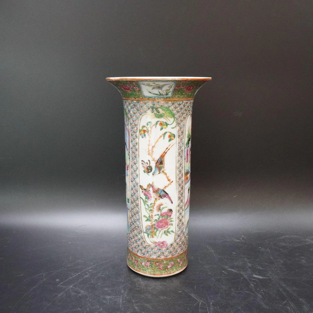 25090074清道光广彩人物花鸟纹箭筒 高:约26.9cm