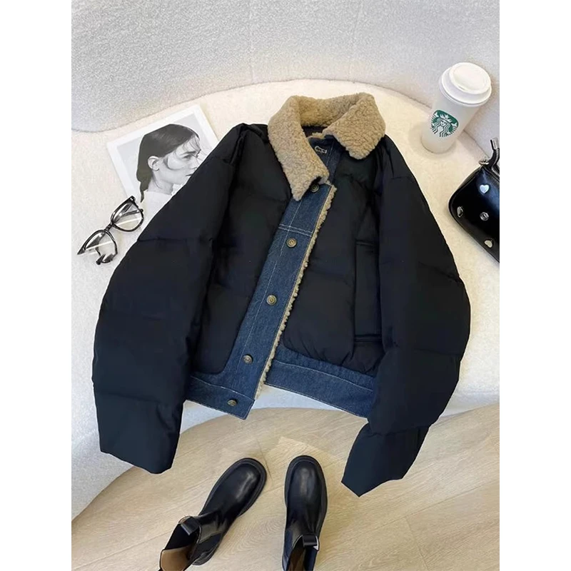 2025冬季新款高端奢华牛仔拼接黑色短款面包服女设计感小众外套女