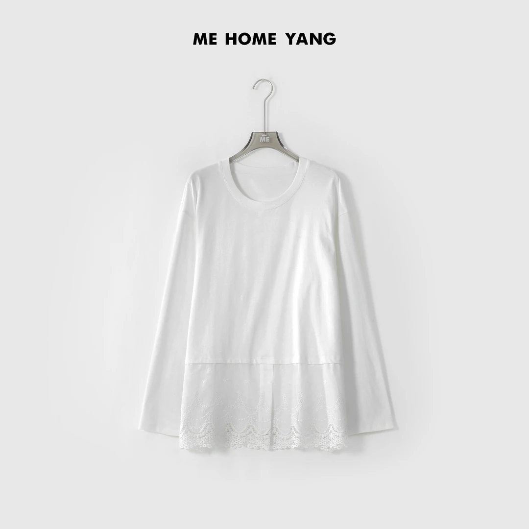 ME【蕾丝拼接T】棉混纺亲肤透气遮肉显瘦时尚百搭长袖上衣MESS0504