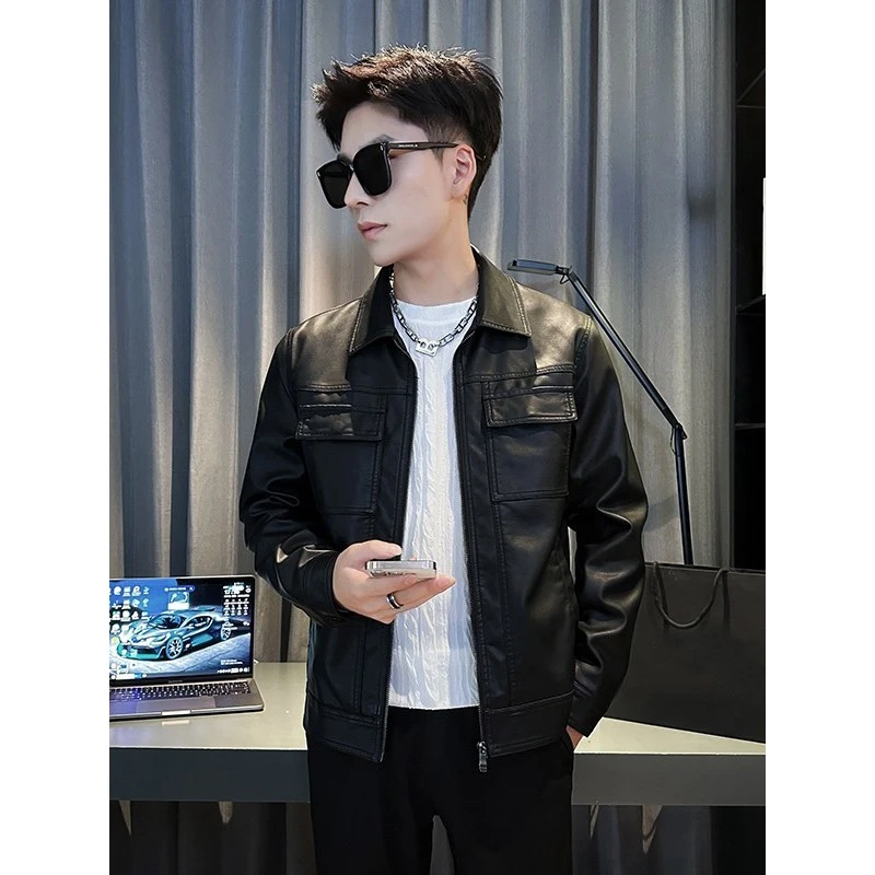 2025春秋季新款皮衣修身短款皮夹克翻领休闲上衣潮流商务男士外套