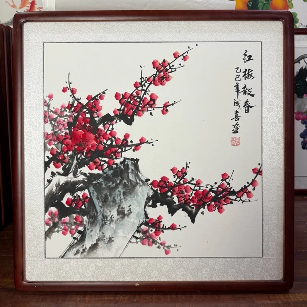 【手绘国画】带框花鸟纯手绘梅花红梅报春斗方餐厅客厅玄关挂画