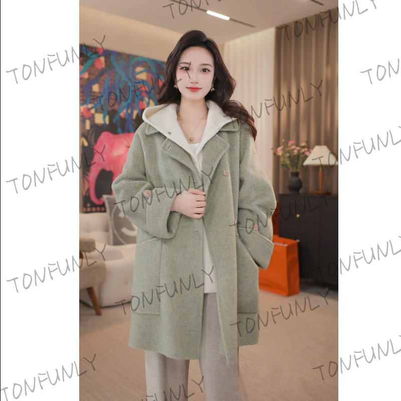 [TONFUNLY]两件套新翻袖大衣搭连帽马甲百搭气质时尚毛呢大衣套装