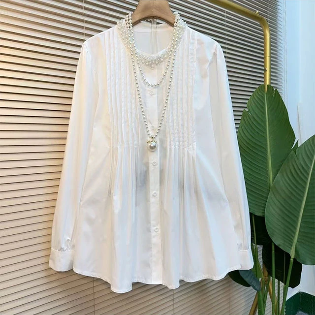 欧韩洋气钉珠褶皱设计衬衫纯色修身打底衫胖妹妹大码女装春季新款