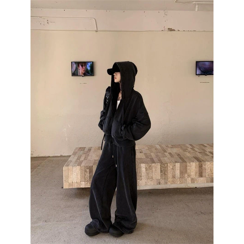秋冬INS风时尚套装休闲洋气百搭长袖连帽上衣高腰修身显瘦直筒裤