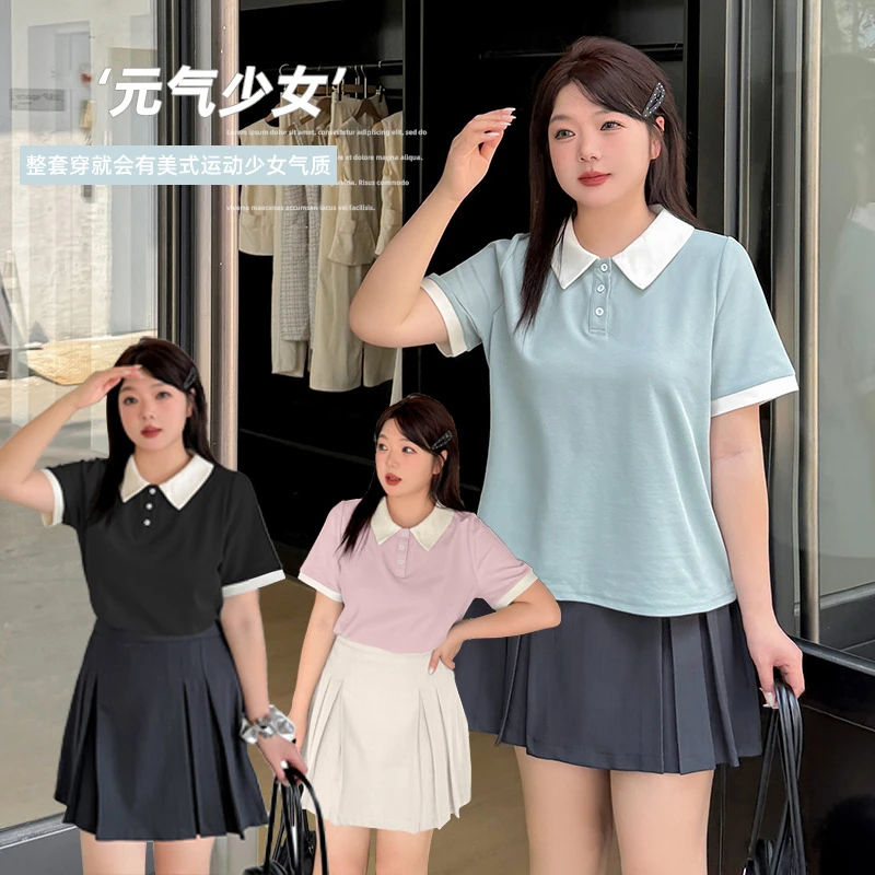 伊诺大码女装休闲polo上衣套装2025夏新款元气百褶裙两件套212189