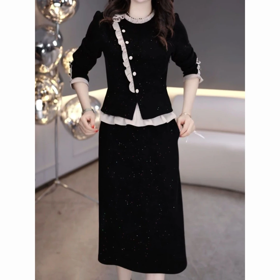 中老年女新款植绒烫金满天星假两件妈妈装减龄显瘦洋气连衣裙百搭