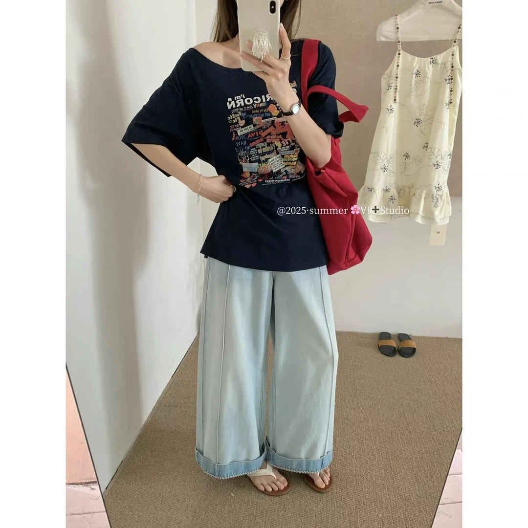 灰灰呀！彩色字母！卡通涂鸦！设计感绑带一字领大图案短袖T恤