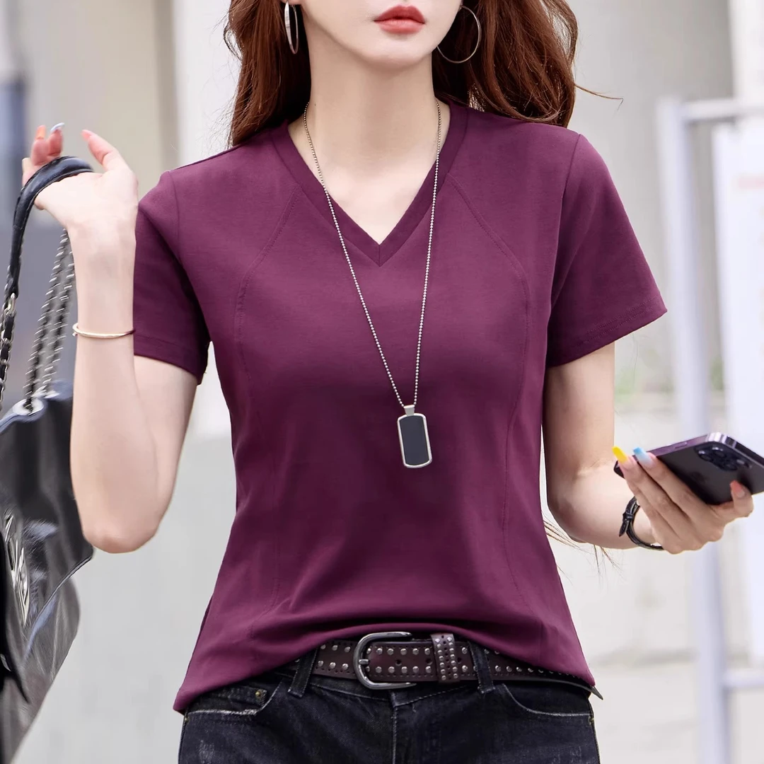 小V领正肩纯棉短袖T恤女2025夏季新款显瘦百搭鱼骨上衣半袖女式潮
