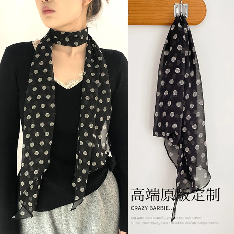 韩系复古黑色波点长条印花丝巾女士围巾春秋时尚新款百搭纱巾领巾