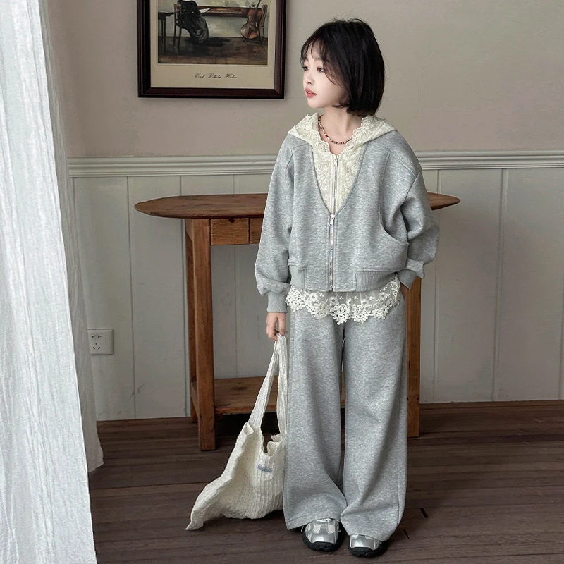 女童蕾丝连帽休闲套装洋气春装2025新款甜美时尚中大童两件套潮酷