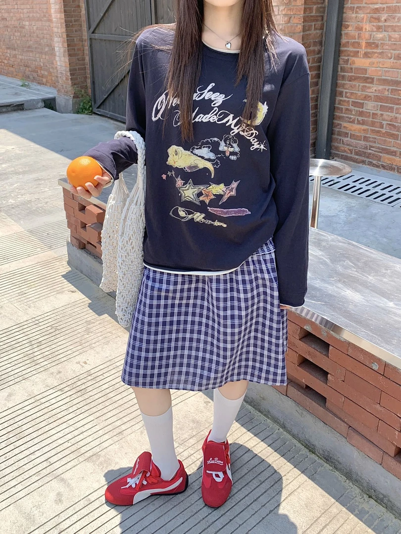 温柔瑶-Eleven#复古宽松美式卡通印花长袖T#1685