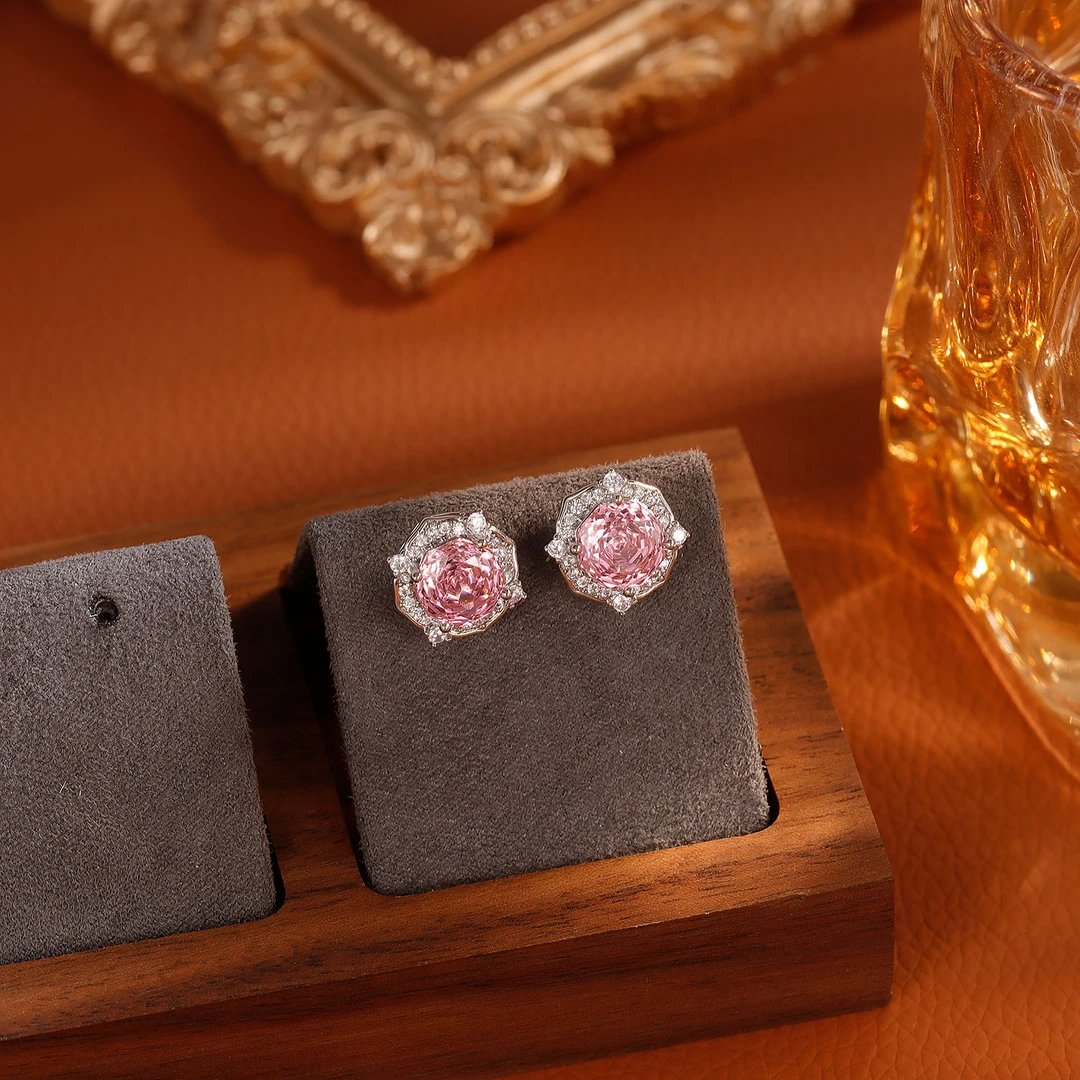 合金耳饰 【5595】法式轻奢玫瑰花粉锆石耳钉气质耳饰女小众耳环