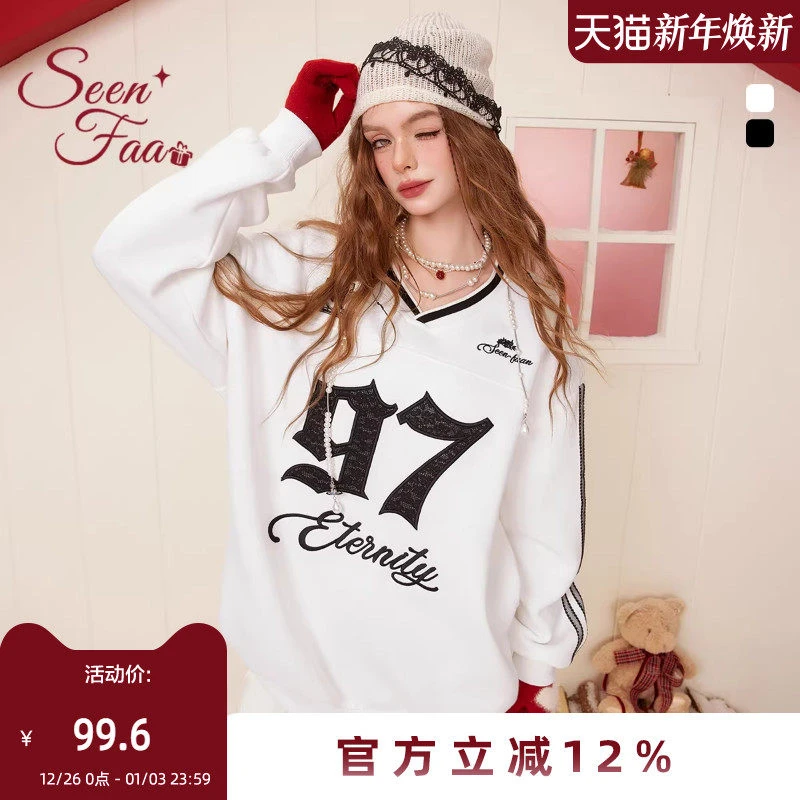 【云云粉丝专享】SEENFAAN盛放冬新款美式拼接蕾丝刺绣加绒卫衣女宽