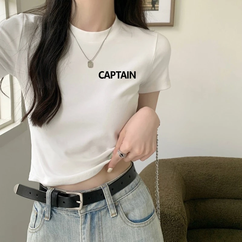 正肩t恤女生短袖棉夏季独特露脐高腰圆领简约热辣上衣欧美短款潮